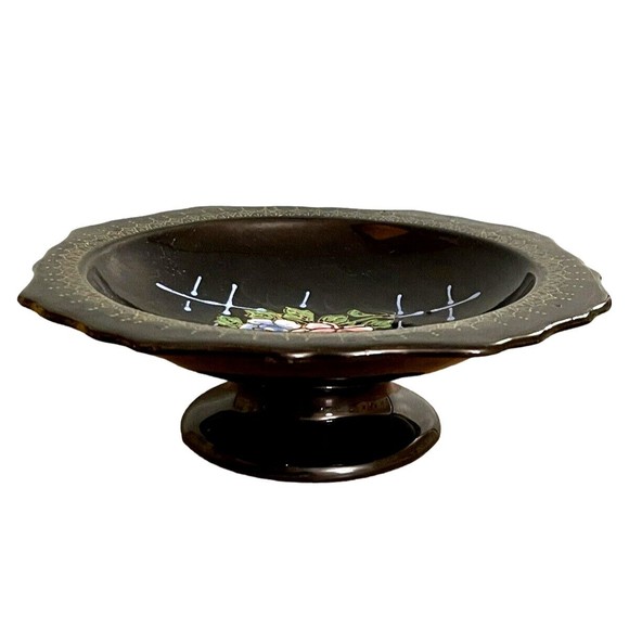 VTG Japanese Pedestal Dish Tashiro Shoten Black Hand Painted Flowers Butterfly - Picture 10 of 10